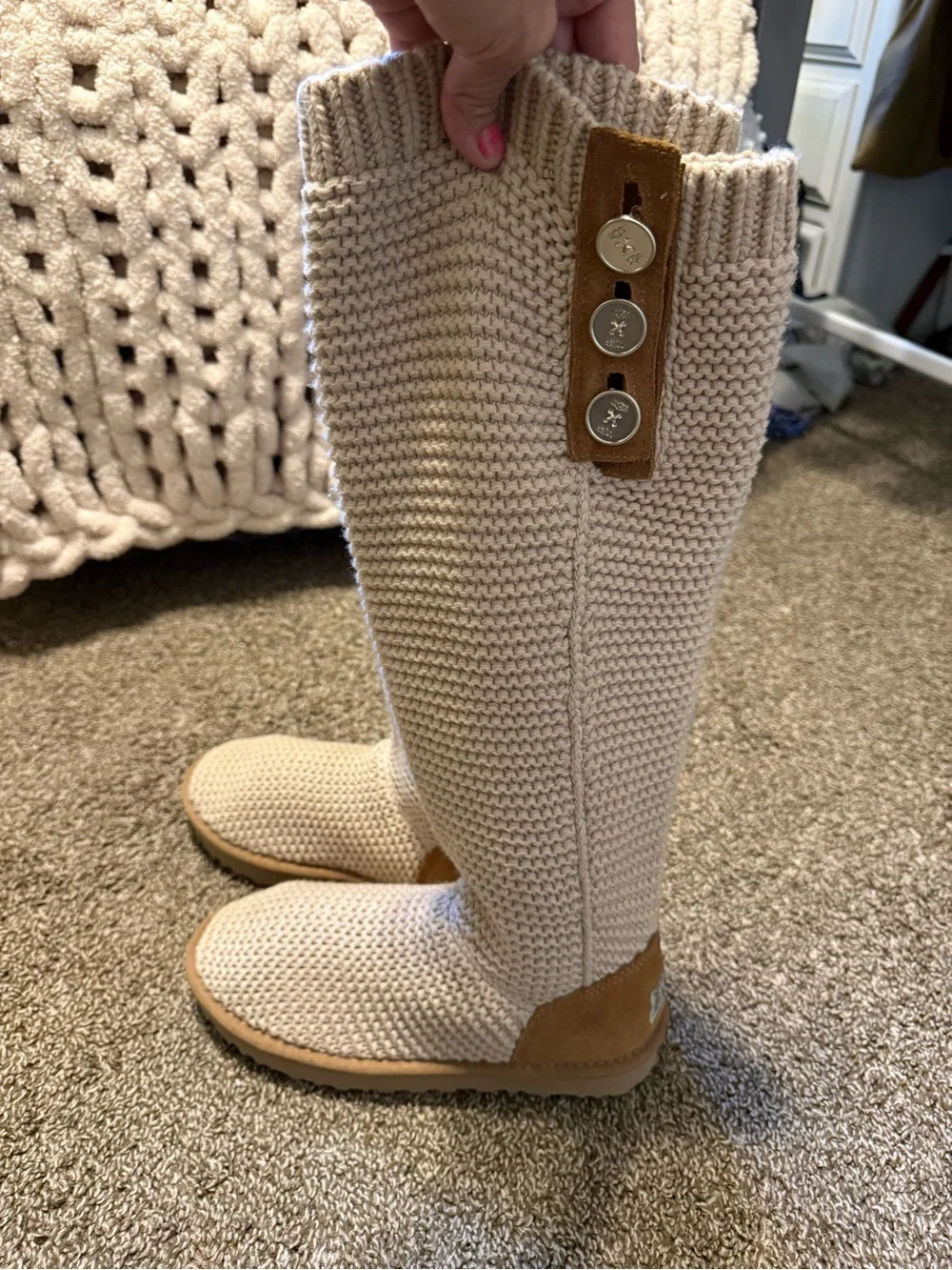 UGG Women's Over-the-Knee Knit Boots in Cream with Button Detail 8